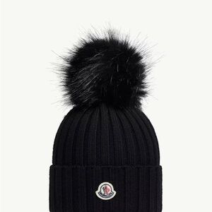 Moncler Black Ribbed Knit Beanie with Fur Pom and Logo Patch